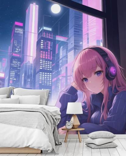 purple and pink customizable anime wall mural called Lo-Fi Girl Chilling for teen bedrooms