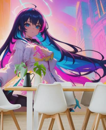 rosafarbenes, blaues und gelbes Anime-Wandbild namens Neon Graffiti Girl für Jugendzimmer