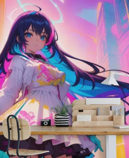 pink, blue and yellow anime wall mural called Neon Graffiti Girl for teen bedrooms pink, blue and yellow anime wall mural called Neon Graffiti Girl for teen bedrooms