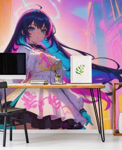 fresque murale d'anime rose, bleu et jaune appelée Neon Graffiti Girl pour chambres d'adolescents