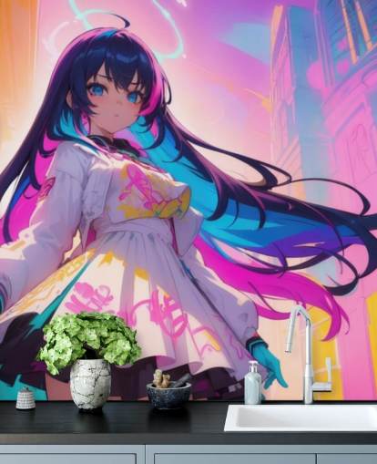 pink, blue and yellow anime wall mural called Neon Graffiti Girl for teen bedrooms pink, blue and yellow anime wall mural called Neon Graffiti Girl for teen bedrooms