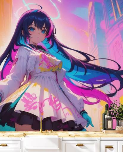 pink, blue and yellow anime wall mural called Neon Graffiti Girl for teen bedrooms pink, blue and yellow anime wall mural called Neon Graffiti Girl for teen bedrooms