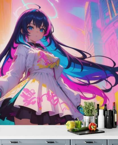 murale anime rosa, blu e giallo chiamato Neon Graffiti Girl per camere da letto per adolescenti murale anime rosa, blu e giallo chiamato Neon Graffiti Girl per camere da letto per adolescenti