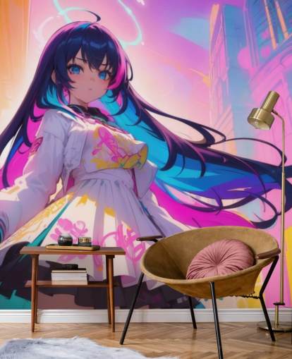 pink, blue and yellow anime wall mural called Neon Graffiti Girl for teen bedrooms