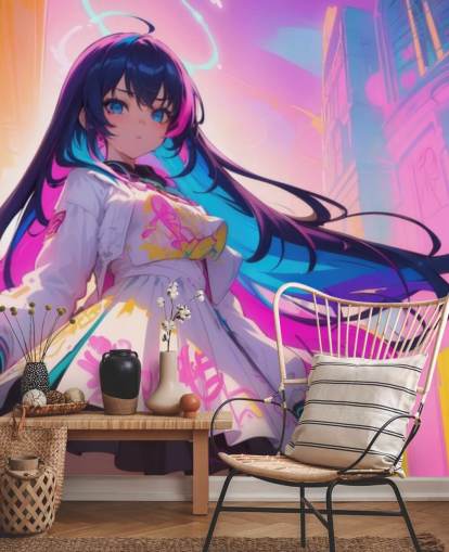 rosa, blå og gul anime veggmaleri kalt Neon Graffiti Girl for tenåringssoverom rosa, blå og gul anime veggmaleri kalt Neon Graffiti Girl for tenåringssoverom
