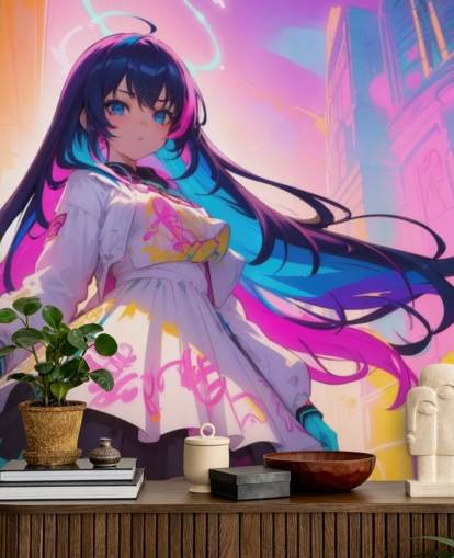 mural de parede de anime rosa, azul e amarelo chamado Neon Graffiti Girl para quartos de adolescentes mural de parede de anime rosa, azul e amarelo chamado Neon Graffiti Girl para quartos de adolescentes