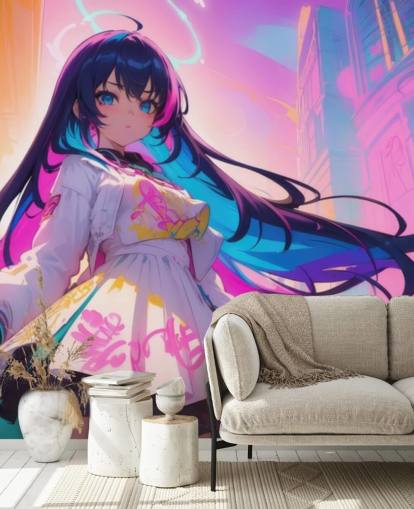 roze, blauwe en gele anime muurschildering genaamd Neon Graffiti Girl voor tienerkamers roze, blauwe en gele anime muurschildering genaamd Neon Graffiti Girl voor tienerkamers