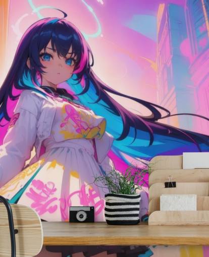 murale anime rosa, blu e giallo chiamato Neon Graffiti Girl per camere da letto per adolescenti murale anime rosa, blu e giallo chiamato Neon Graffiti Girl per camere da letto per adolescenti