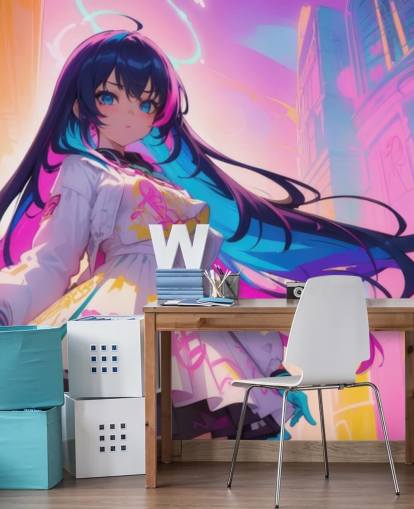 rosa, blå og gul anime veggmaleri kalt Neon Graffiti Girl for tenåringssoverom