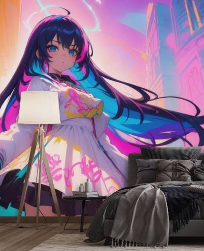 rosa, blå og gul anime veggmaleri kalt Neon Graffiti Girl for tenåringssoverom