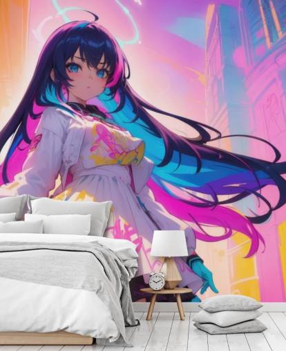 pink, blue and yellow anime wall mural called Neon Graffiti Girl for teen bedrooms