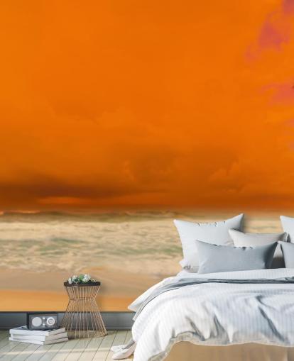 mural rojo y naranja de playa al atardecer llamado Sunset Over The Sea para dormitorios, oficinas y baños