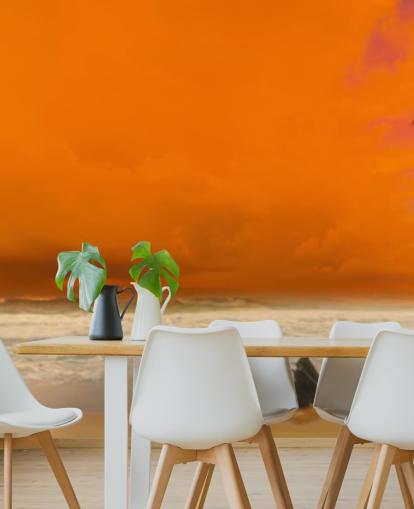 red and orange beach sunset wallpaper mural called Sunset Over The Sea for bedrooms, offices and bathrooms