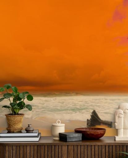 rode en oranje muurschildering bij zonsondergang op het strand genaamd Sunset Over The Sea voor slaapkamers, kantoren en badkamers