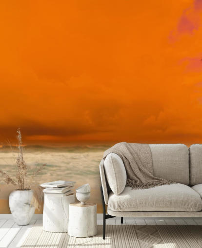 red and orange beach sunset wallpaper mural called Sunset Over The Sea for bedrooms, offices and bathrooms
