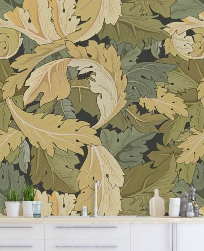 muurschildering met bloementuin in meerdere kleuren van William Morris
