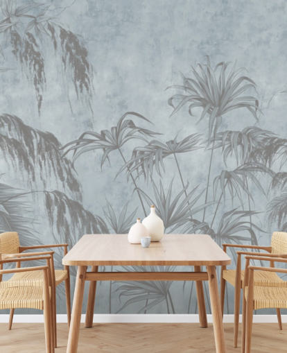blå jungle tapetmaleri kaldet Eksotiske planter på en betonvæg til soveværelser og spisestuer