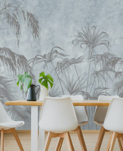 blue jungle wallpaper mural called Exotic Plants On A Concrete Wall for bedrooms and dining rooms