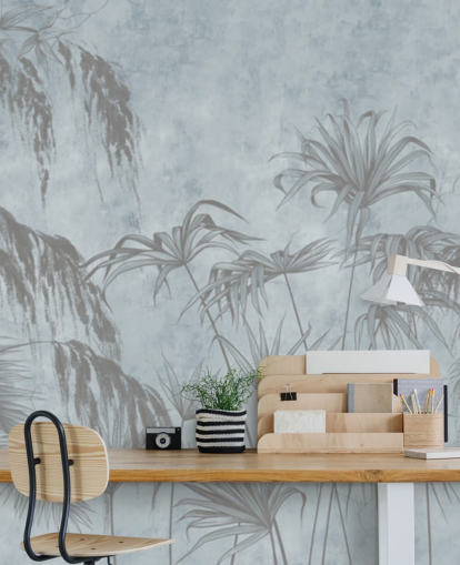 blue jungle wallpaper mural called Exotic Plants On A Concrete Wall for bedrooms and dining rooms