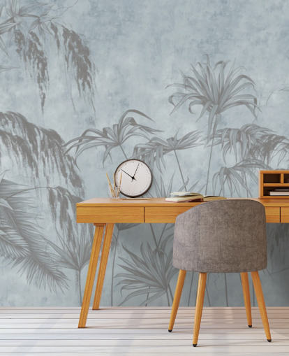 blue jungle wallpaper mural called Exotic Plants On A Concrete Wall for bedrooms and dining rooms