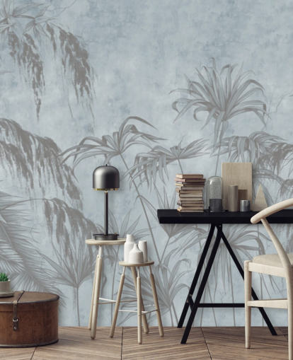 blauwe jungle muurschildering genaamd Exotic Plants On A Concrete Wall voor slaapkamers en eetkamers