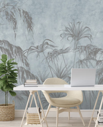 mural de papel pintado de la jungla azul llamado Plantas exóticas en una pared de concreto para dormitorios y comedores