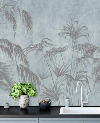 carta da parati murale blu giungla chiamata Exotic Plants On A Concrete Wall per camere da letto e sale da pranzo carta da parati murale blu giungla chiamata Exotic Plants On A Concrete Wall per camere da letto e sale da pranzo