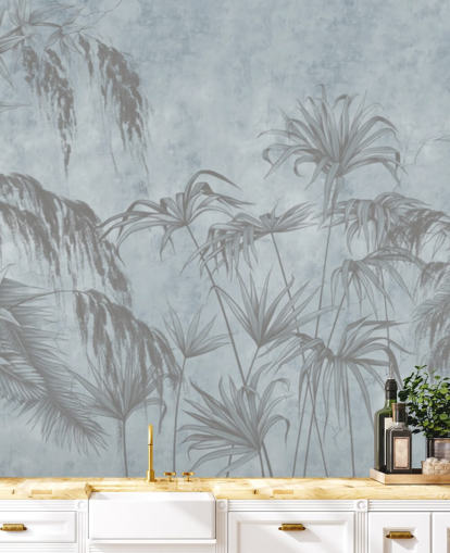 blue jungle wallpaper mural called Exotic Plants On A Concrete Wall for bedrooms and dining rooms blue jungle wallpaper mural called Exotic Plants On A Concrete Wall for bedrooms and dining rooms
