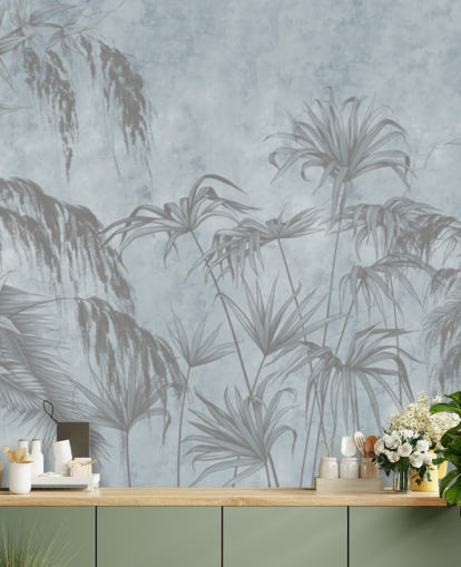 blue jungle wallpaper mural called Exotic Plants On A Concrete Wall for bedrooms and dining rooms