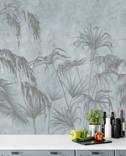 blue jungle wallpaper mural called Exotic Plants On A Concrete Wall for bedrooms and dining rooms
