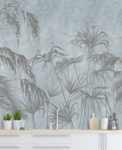 blue jungle wallpaper mural called Exotic Plants On A Concrete Wall for bedrooms and dining rooms