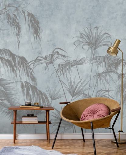 blue jungle wallpaper mural called Exotic Plants On A Concrete Wall for bedrooms and dining rooms