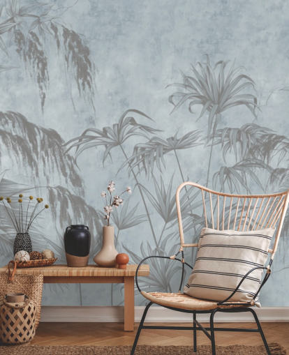 blue jungle wallpaper mural called Exotic Plants On A Concrete Wall for bedrooms and dining rooms