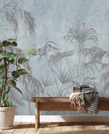 mural de papel pintado de la jungla azul llamado Plantas exóticas en una pared de concreto para dormitorios y comedores