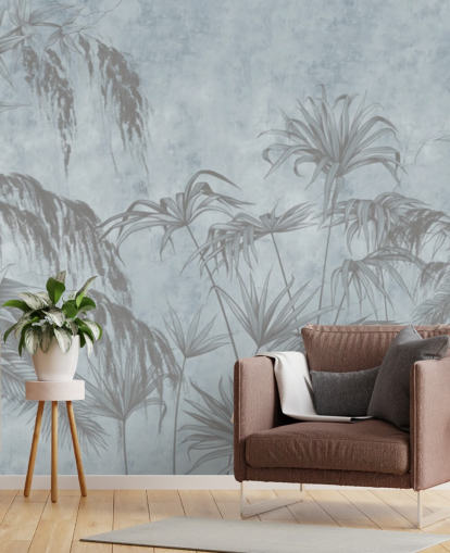 blue jungle wallpaper mural called Exotic Plants On A Concrete Wall for bedrooms and dining rooms