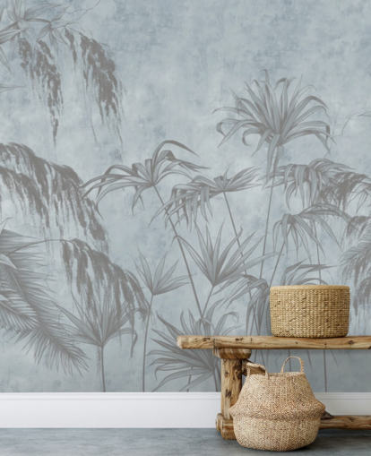 blue jungle wallpaper mural called Exotic Plants On A Concrete Wall for bedrooms and dining rooms
