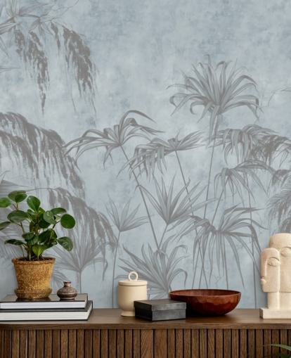 mural de papel pintado de la jungla azul llamado Plantas exóticas en una pared de concreto para dormitorios y comedores