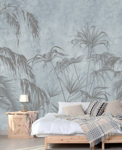 blauwe jungle muurschildering genaamd Exotic Plants On A Concrete Wall voor slaapkamers en eetkamers blauwe jungle muurschildering genaamd Exotic Plants On A Concrete Wall voor slaapkamers en eetkamers