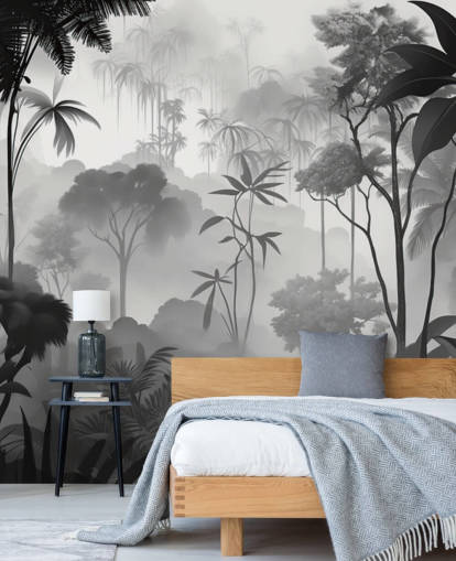 black and white foggy tropical forest mural