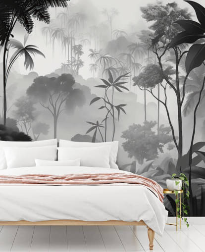 mural de floresta tropical nebulosa em preto e branco