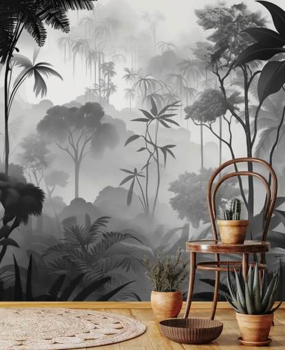 mural de bosque tropical brumoso en blanco y negro