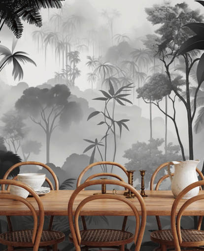 murale in bianco e nero con nebbia della foresta tropicale