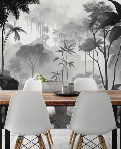 mural de floresta tropical nebulosa em preto e branco