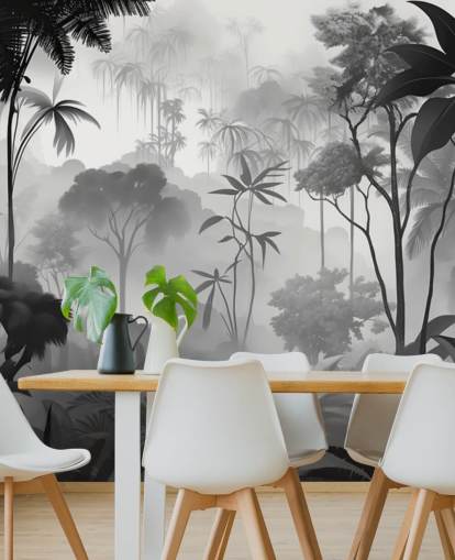 murale in bianco e nero con nebbia della foresta tropicale