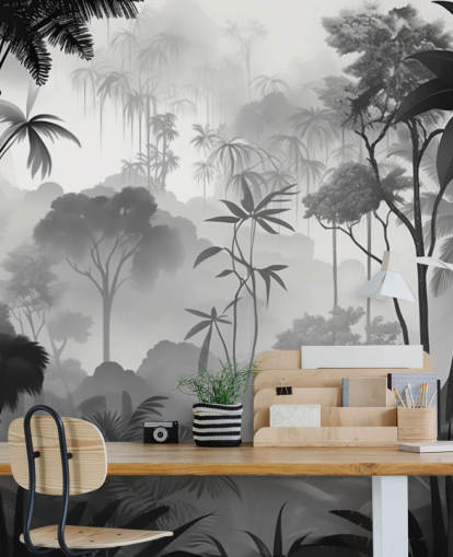 black and white foggy tropical forest mural