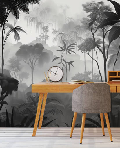mural de bosque tropical brumoso en blanco y negro