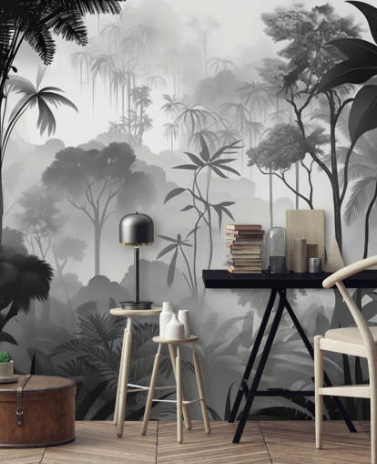 mural de bosque tropical brumoso en blanco y negro