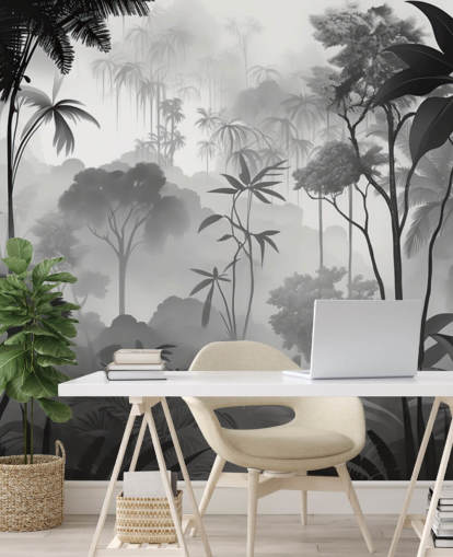 black and white foggy tropical forest mural