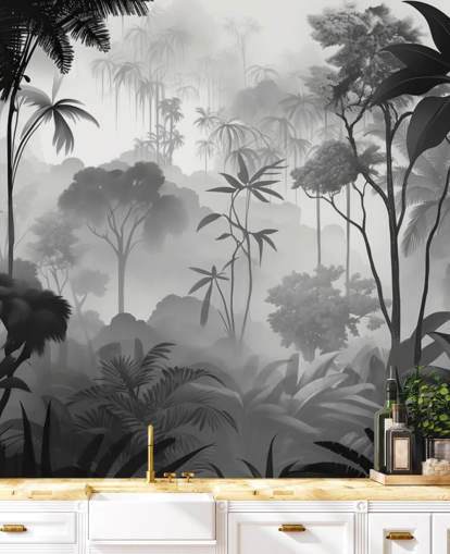 mural de bosque tropical brumoso en blanco y negro