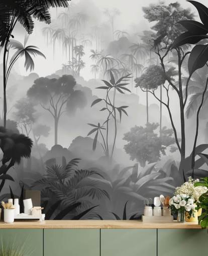 black and white foggy tropical forest mural